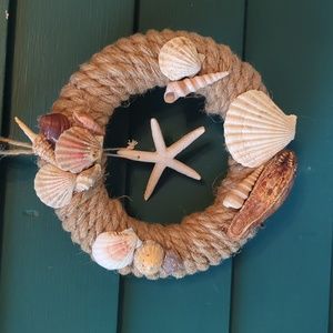 Hand Crafted Nautical Rope Wreath with Shells and Driftwood Measures about 8.5"